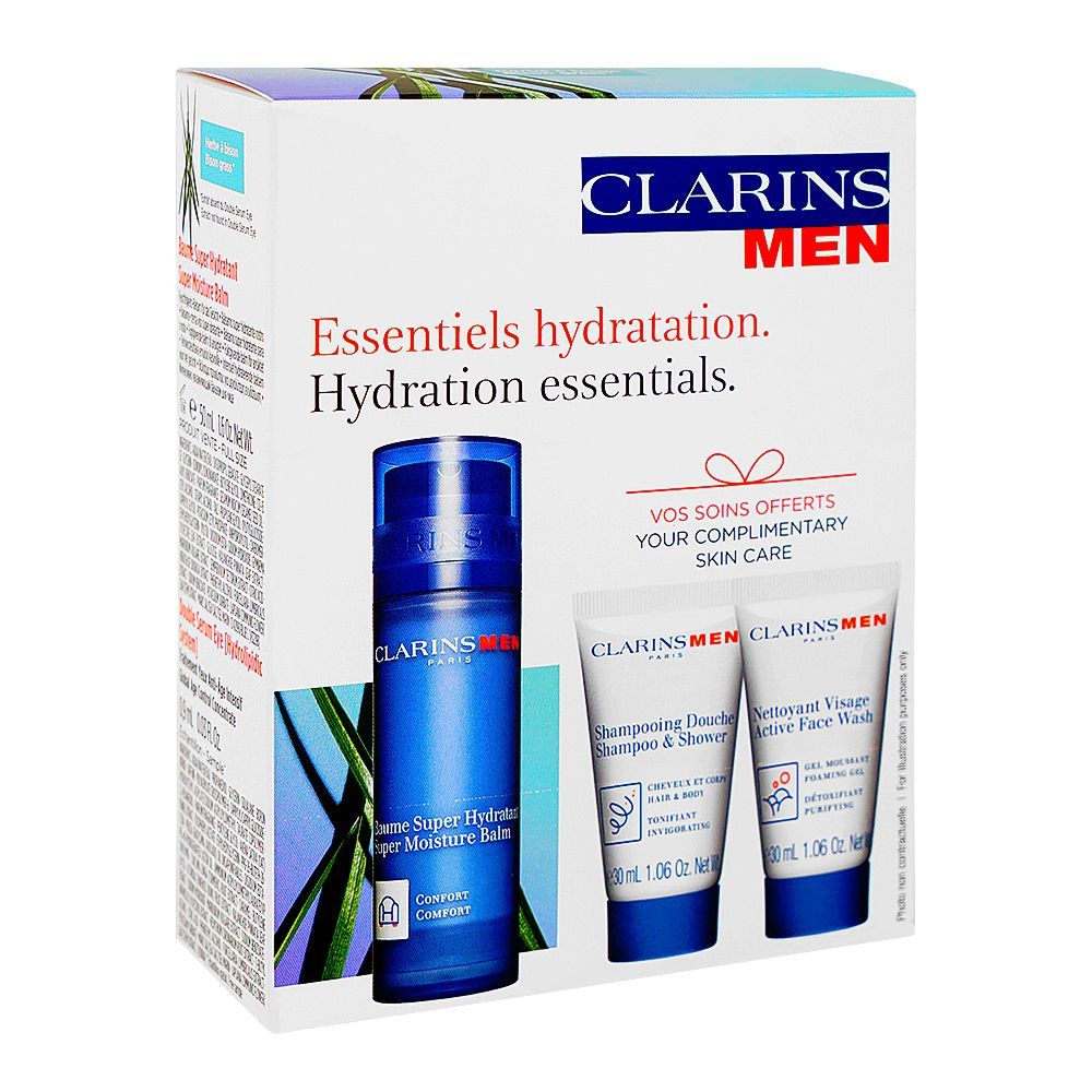 Clarins Men Hydration Essentials: Face Balm 50ml+Face Wash 30ml+2-in-1 Shampoo & Shower Gel 30ml+Eye Serum 0.9ml, 4-Pack