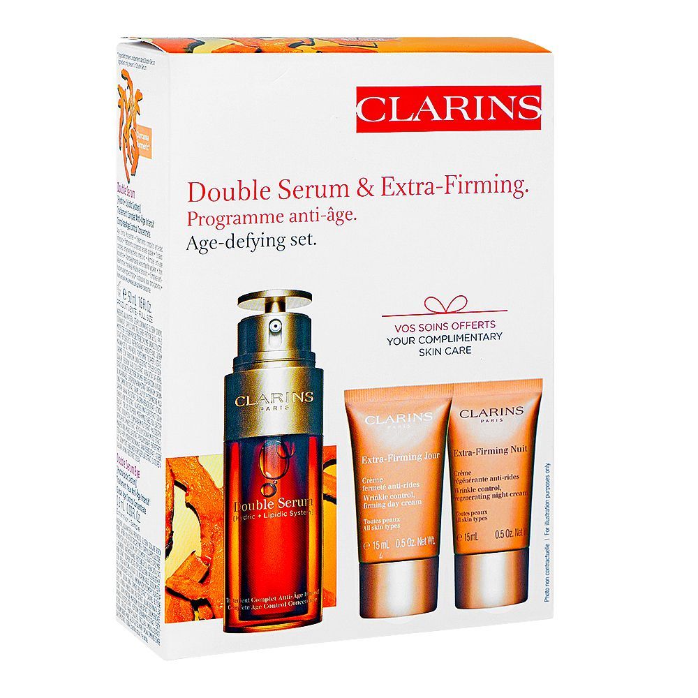 Clarins Paris Age-Defying Set: Face Double Serum 50ml+Extra Firming Day& Night Cream 15ml Each+Eye Serum 0.9ml, 4-Pack