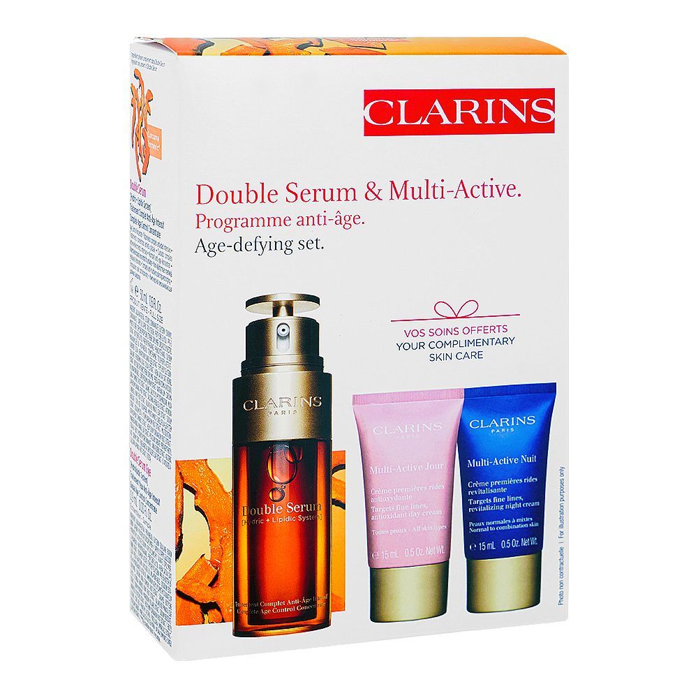 Clarins Paris Age-Defying Set: Face Double Serum 50ml+Multi-Active Day & Night Cream 15ml+Eye Serum 0.9ml, 4-Pack