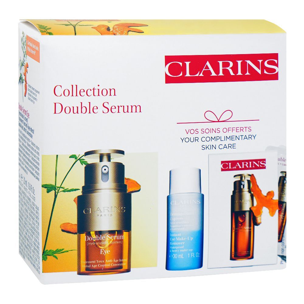 Clarins Paris Skincare Set: Eye Double Serum 20ml+Instant Eye Make-up Remover 30ml, Face Double Serum 7x0.9ml, 3-Pack