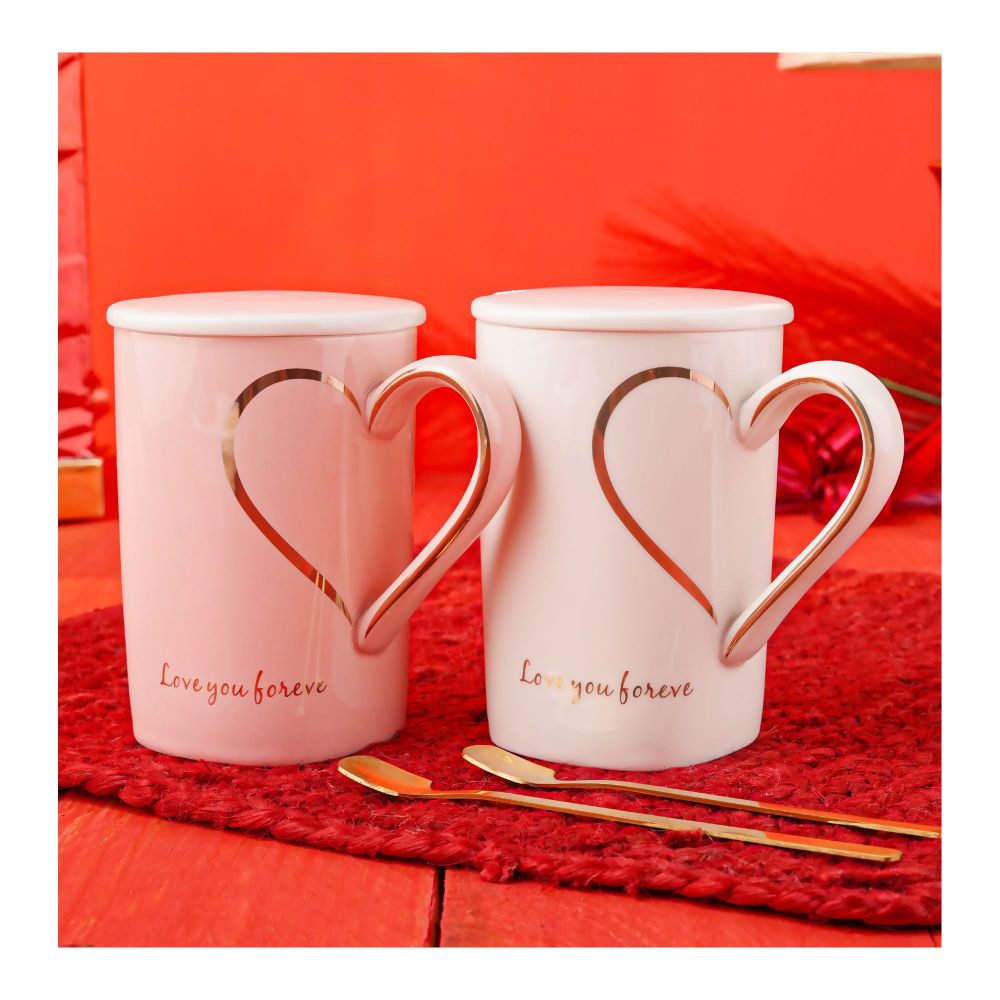 Heart Holder Coffee & Tea Couple Mug Set with Lid & Spoon, Pink & Cream, MG-12