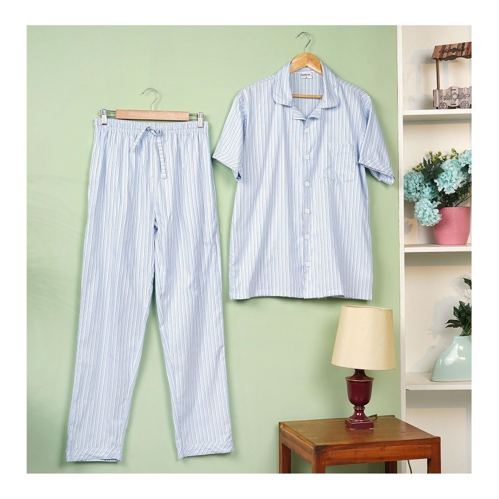 Basix Men's Striped Loungewear Set, Sky Blue & White, MT-826