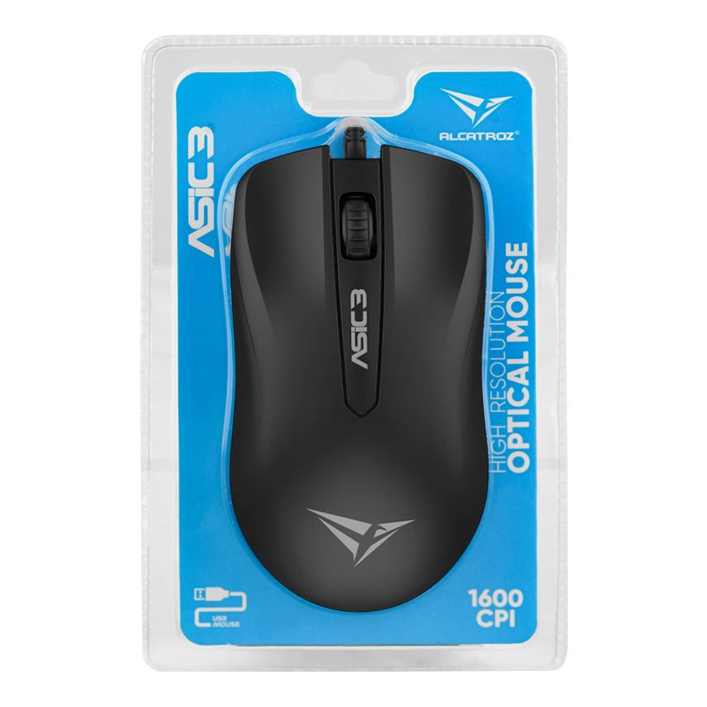Alcatroz Asic 3 High-Resolution 1600 CPI USB Optical Wired Mouse, Black