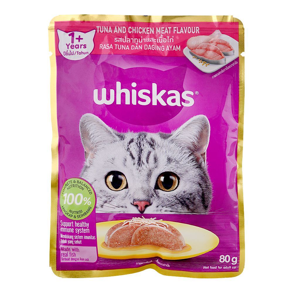 Whiskas Tuna & Chicken Wet Food For Adult Cats (For 1+ Years), 80g Sachet