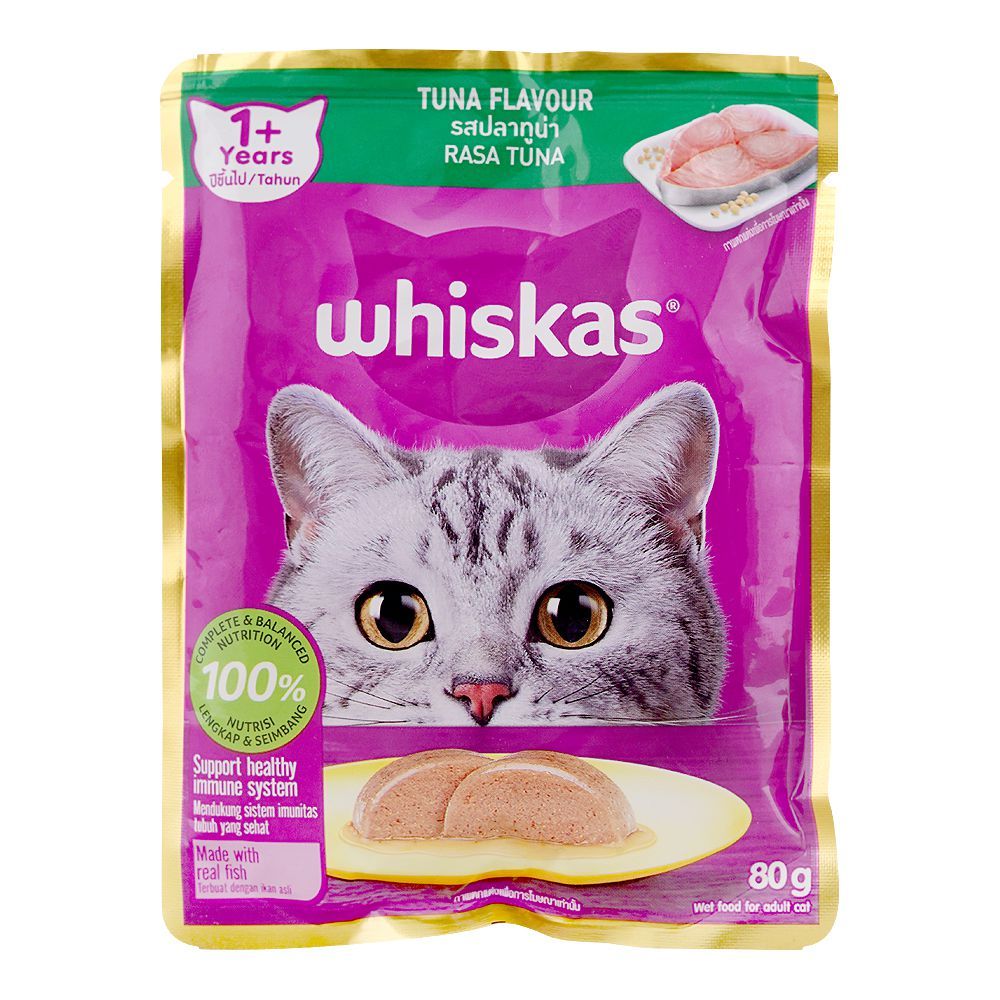 Whiskas Tuna Flavour Wet Food For Adult Cats (For 1+ Years), 80g Sachet