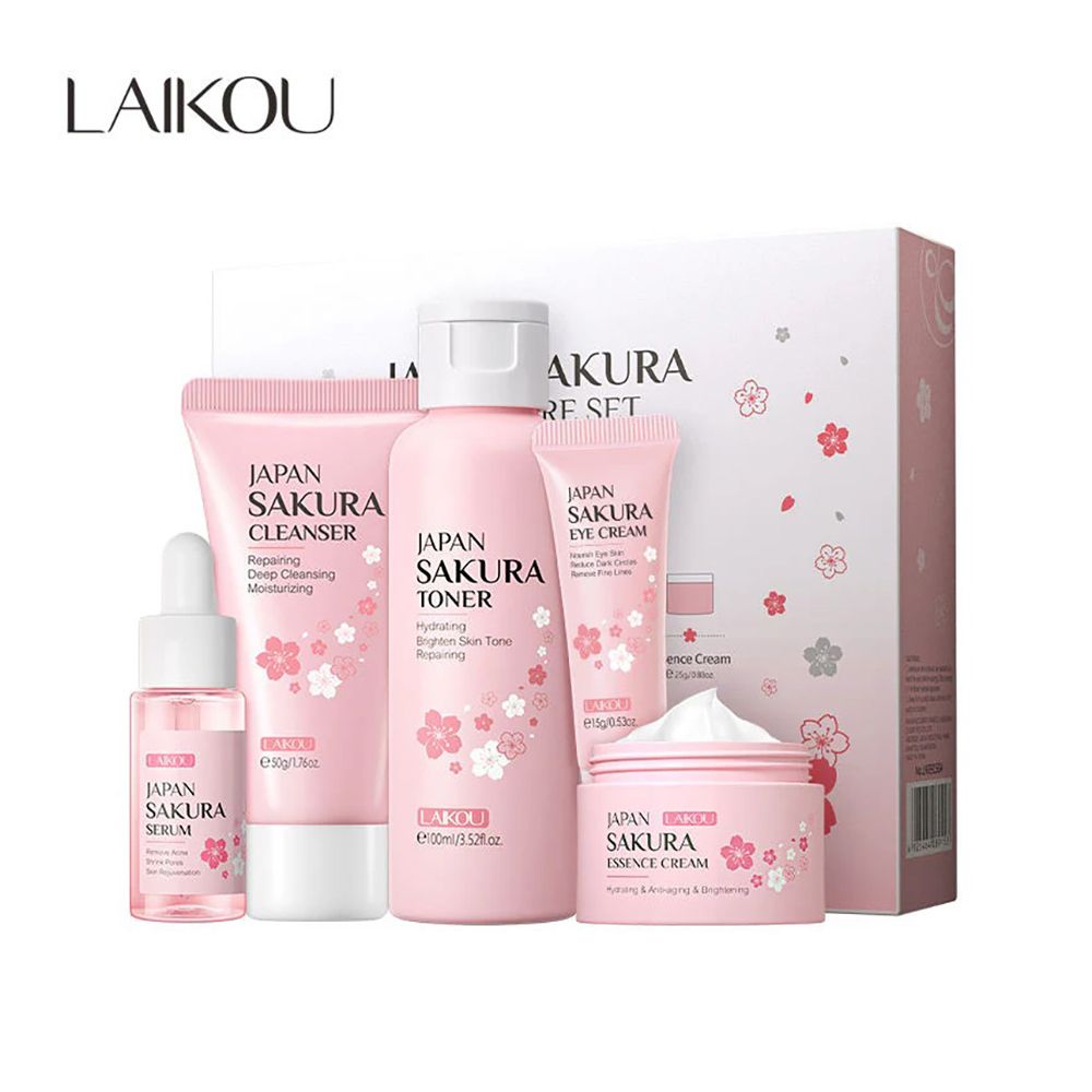 Laikou Sakura Skincare Set with Cleanser, Toner, Serum, Face & Eye Cream, 5-Pack, LK891531