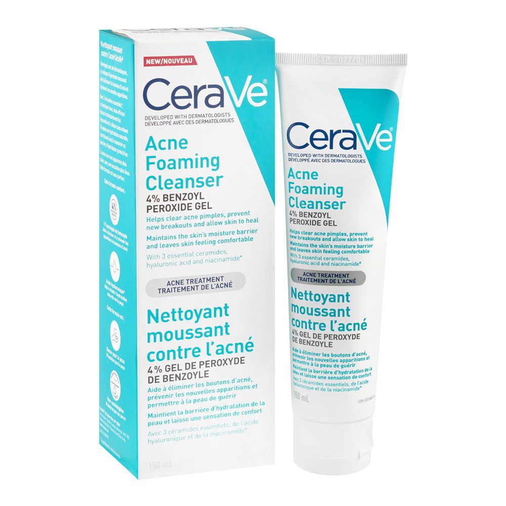 CeraVe Acne Foaming Cleanser with 4% Benzoyl Peroxide, Treats Acne ...