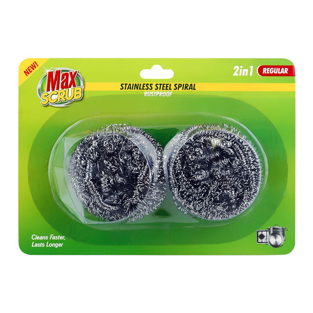 Max Scrub Stainless Steel Spiral, Rust Proof, 2-In-1 Regular, 2-Pack