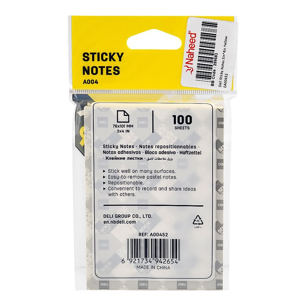 Deli Sticky Notes 3 X 4 Inches, Yellow, EA00452