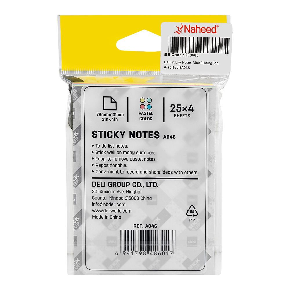 Deli Sticky Notes Multi Lining Assorted, 3 X 4 Inches, EA046