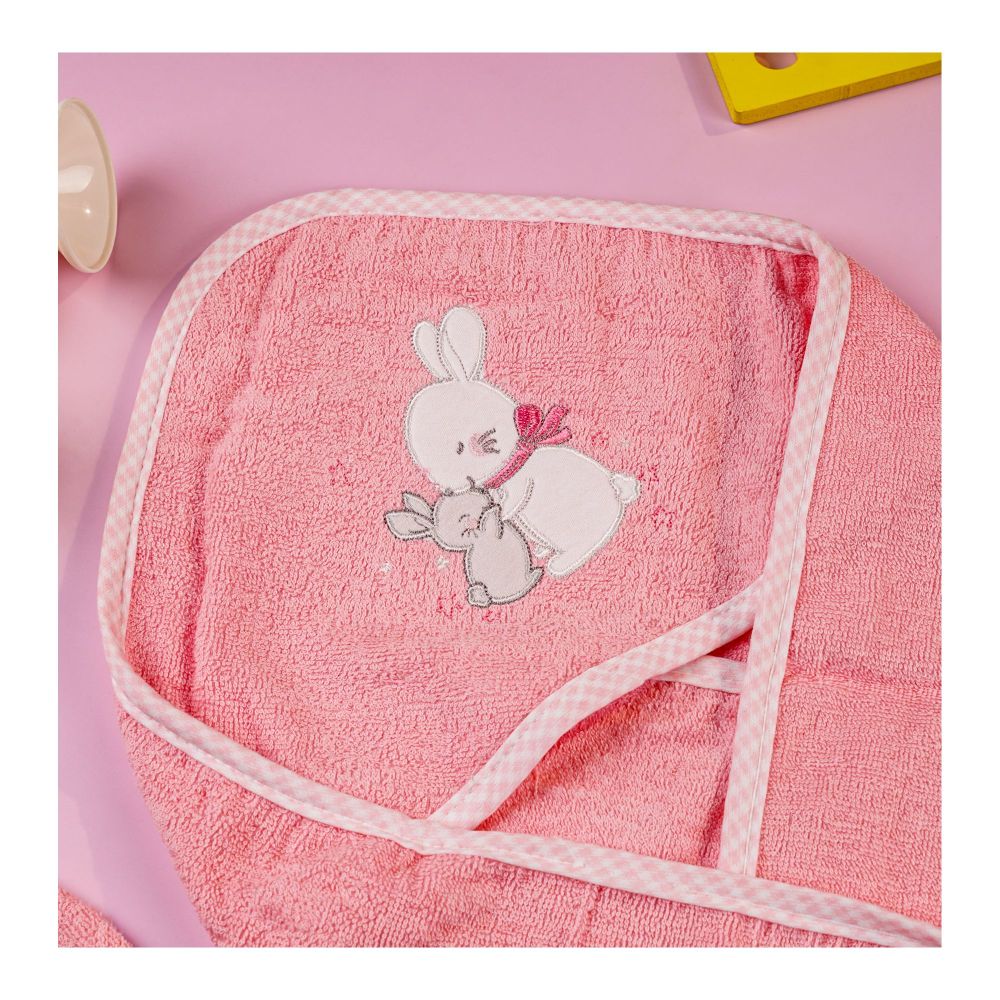 TG Kids Center Baby Hooded Bath Towel, Dark Pink Rabbit