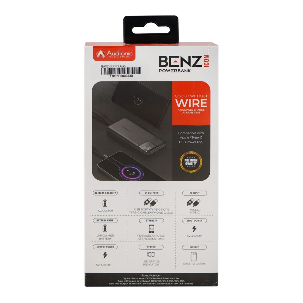 Audionic Benz Icon Power Bank, 10000mAh, 22.5W, Built-In USB-C ...