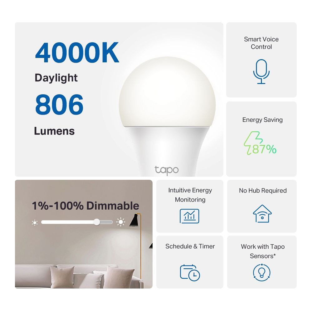 Tp Lighting TP-LINK Smart WiFi Light Bulb Daylight & Dimmable, 7.0W, Tapo L520E