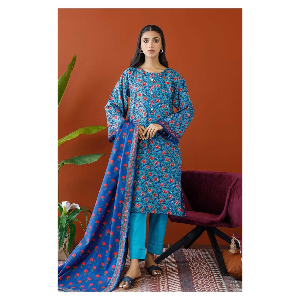 Unstitched 3 Piece Printed Khaddar Shirt, Khaddar Pant & Khaddar Dupatta, Teal, 57749