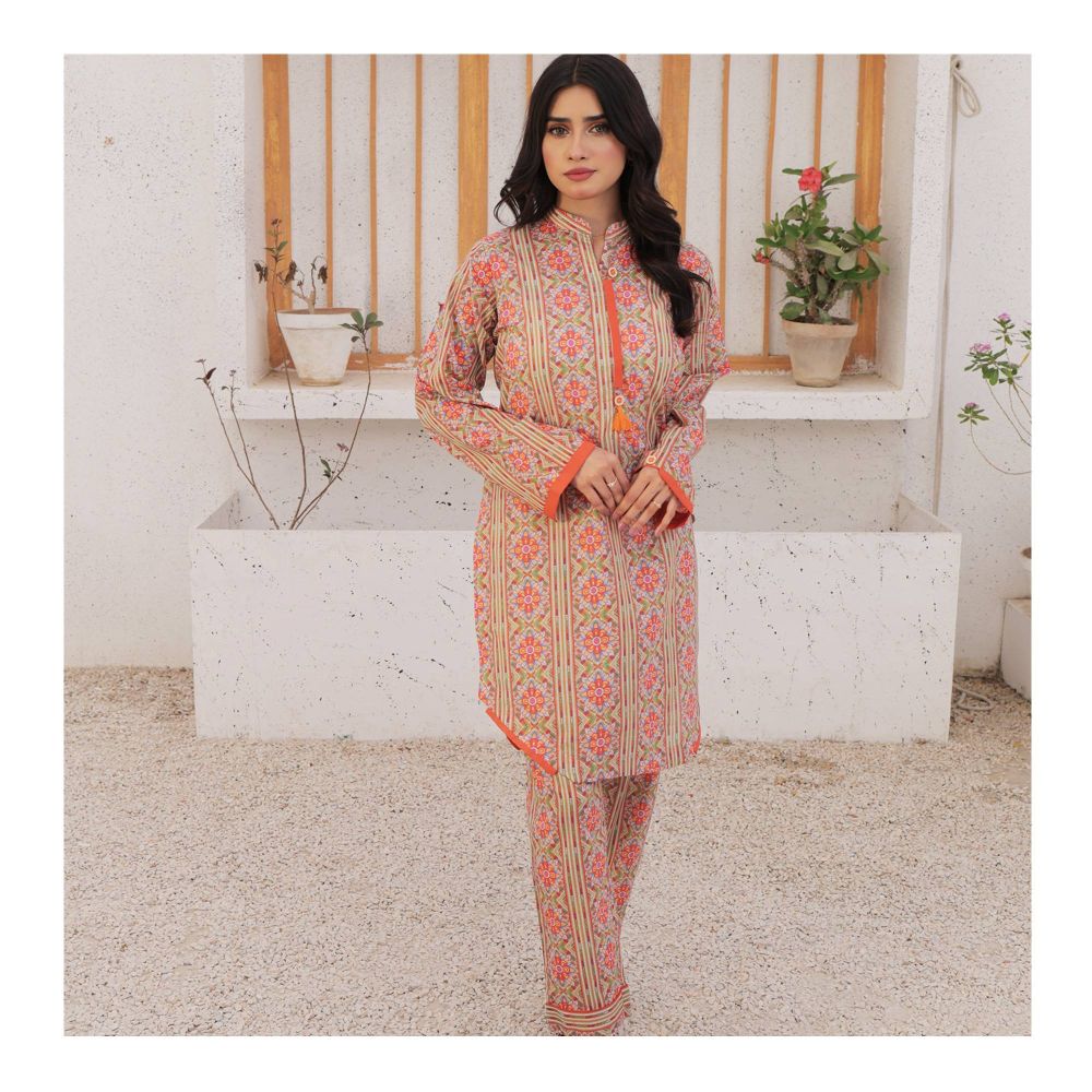 Basix Womens Orange N Multi Flowers With Buttons & Tassel,  2 Piece - Lawn Shirt & Trouser, EW-104