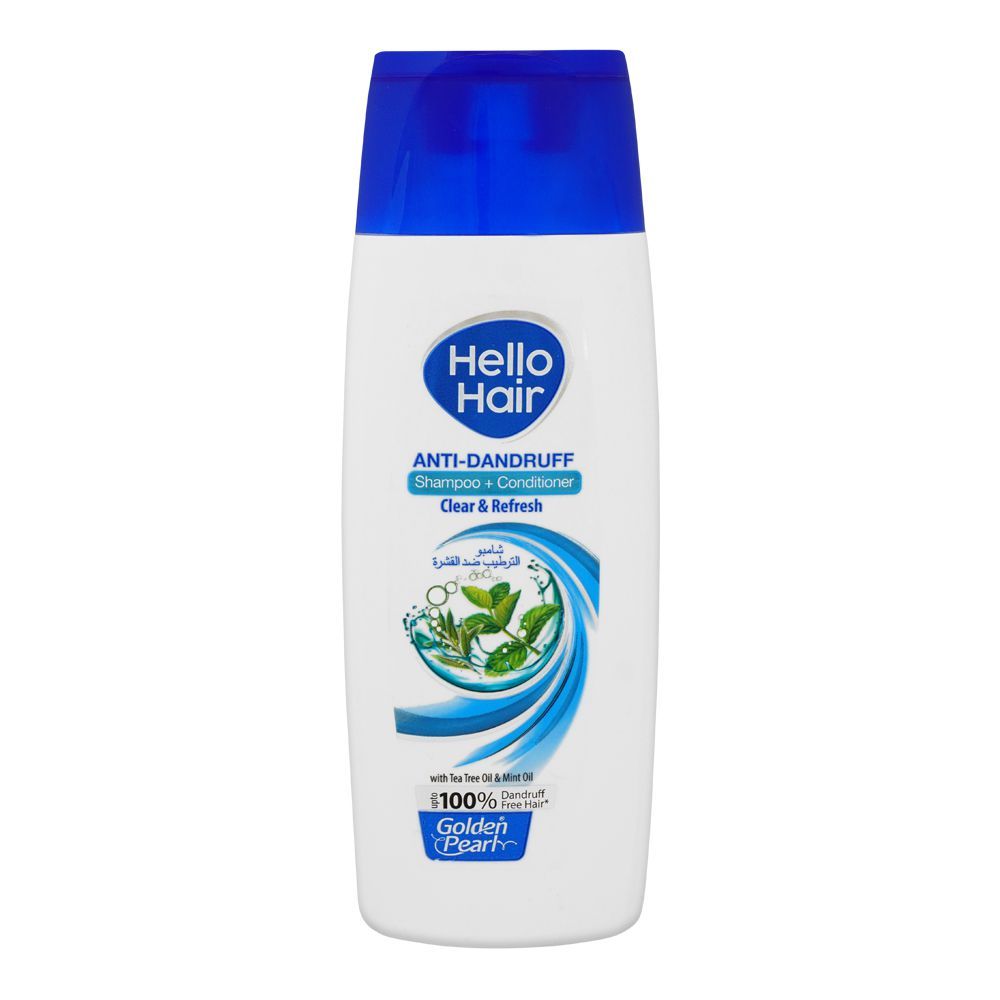 Golden Pearl Hello Hair Anti-Dandruff Shampoo + Conditioner, Clear & Fresh With Tea Tree Oil & Mint Oil, Upto 100% Dandruff Free Hair, 385ml