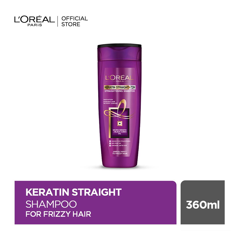 L'Oreal Paris Keratin Straight 72H Straightening Shampoo, For Unruly Wavy To Frizzy Hair, 360ml