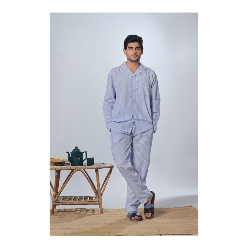 Basix Men’s Yarn Dyed Sky Blue Stripes Loungewear, Set 2-Pack, LW-821