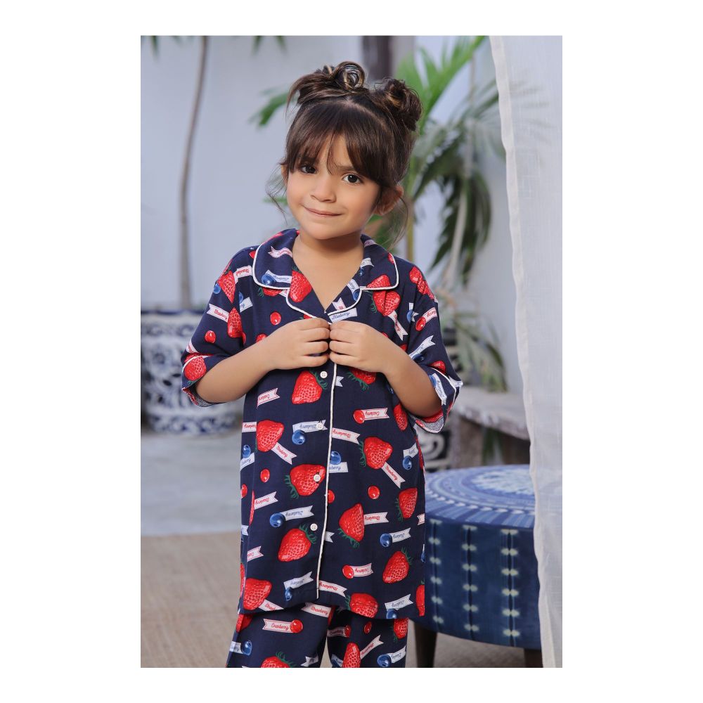 Basix Girls Strawberry Short Sleeves Nightwear, Navy Blue, 2 Piece Set, GRL-170