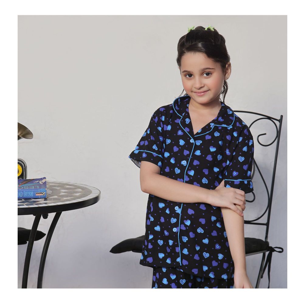 Basix Kid's Sweat Heart Short Sleeves Nightwear Set, Sea Black & Blue, GRL-175