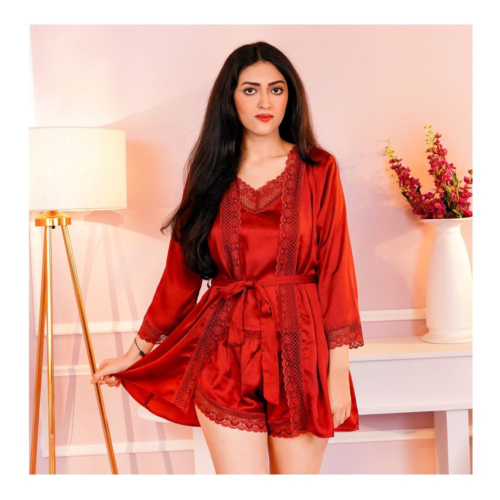 Nighty With Robe Basix Women's 3-Piece Nighty Set with Robe, Camisole & Shorts, Maroon ...