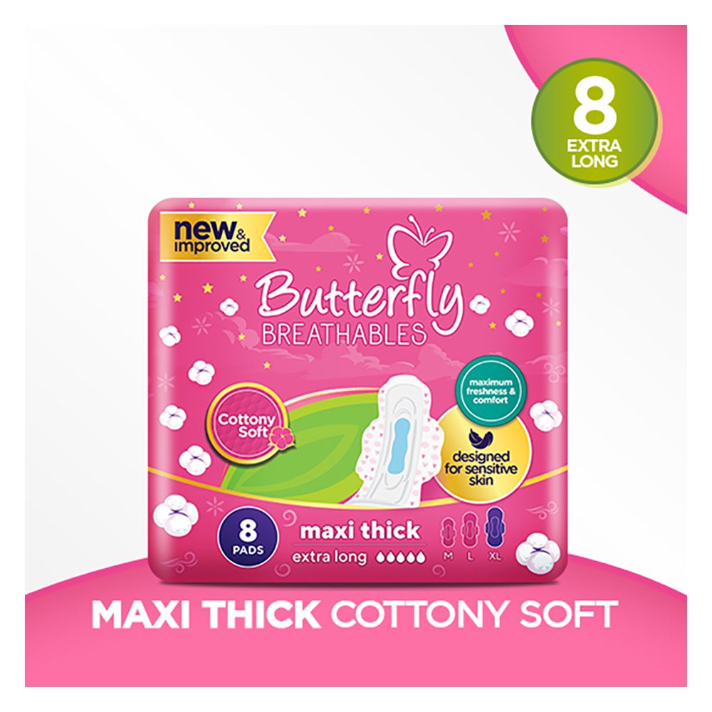 Butterfly Breathables Maxi Thick Pads, Extra Long, 8-Pack