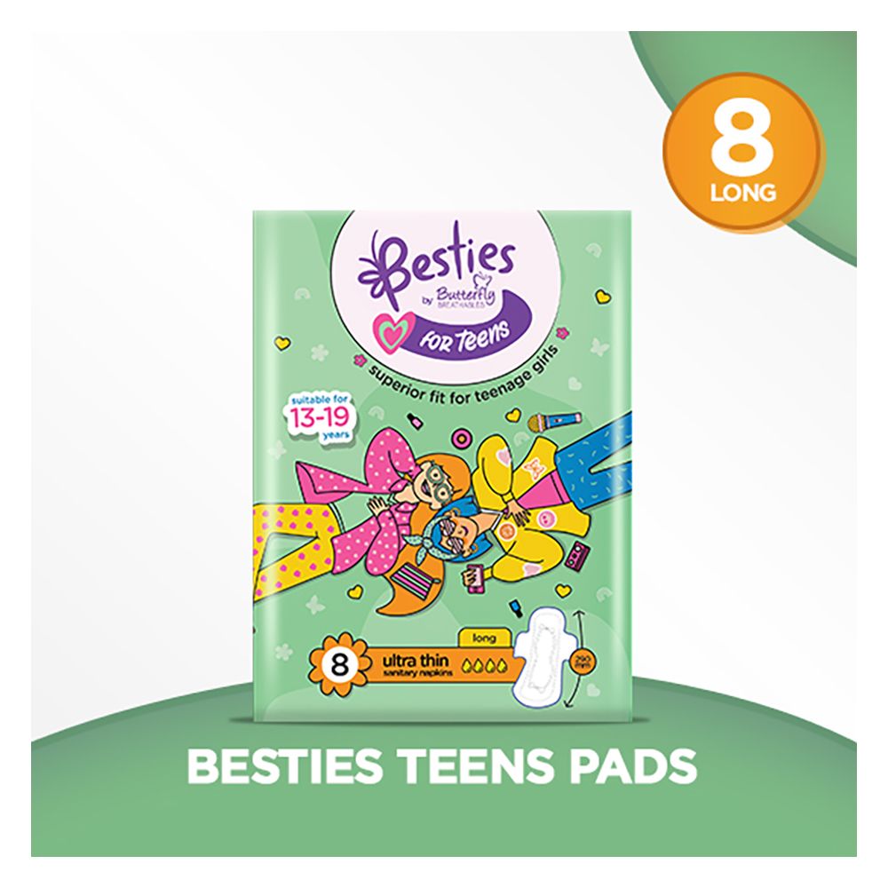 Butterfly Besties For Teens Ultra-Thin Sanitary Napkins, Long, Suitable For Teenage, 8-Pack