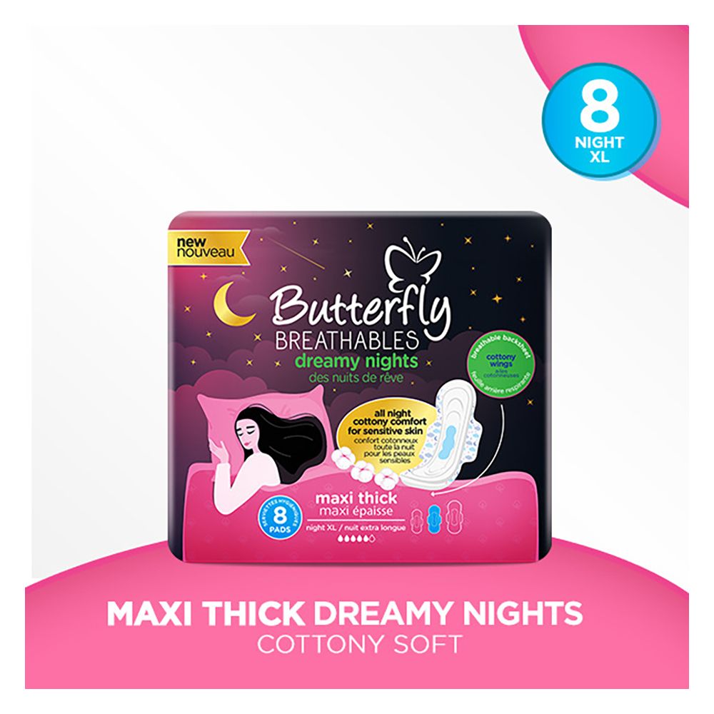 Butterfly Breathable Dreamy Nights, Maxi Thick, Sensitive Skin Night, Extra Long 8-Pads