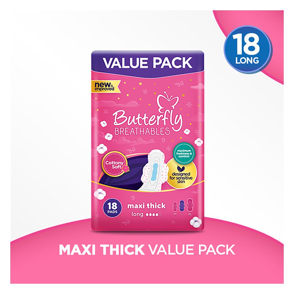 Butterfly Breathable Cottony Soft, Maxi Thick, Long 18-Pads, Value Pack