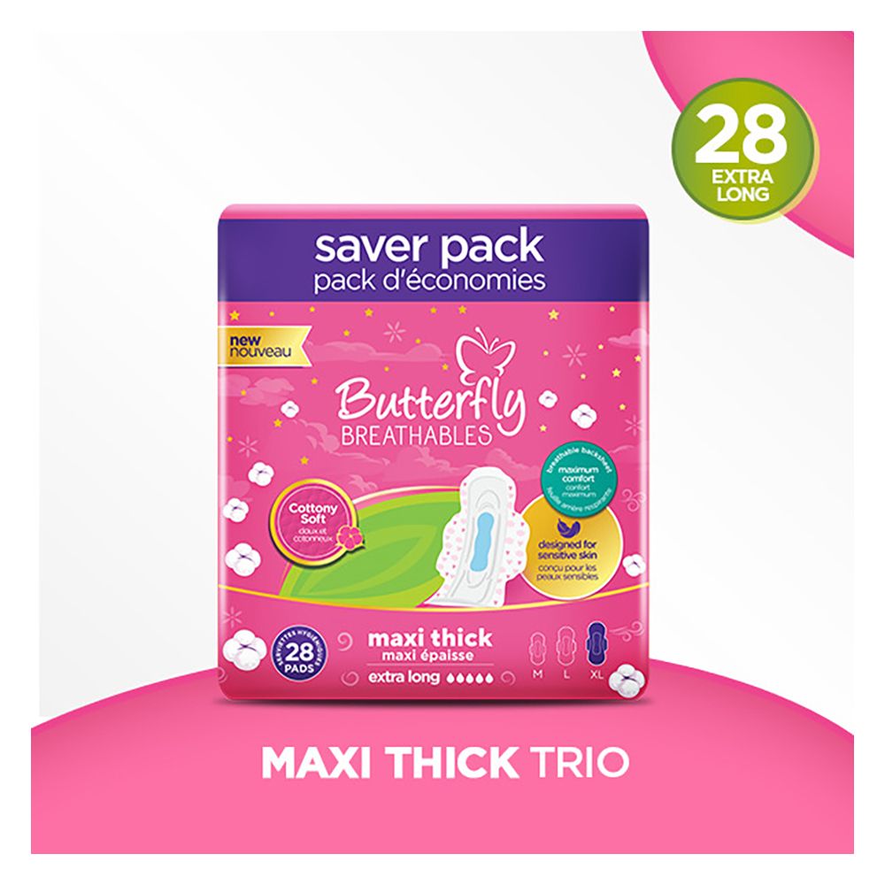 Butterfly Breathable Maxi Thick Extra-Long Pads, Designed For Sensitive Skin, 28 Pads Saver Pack