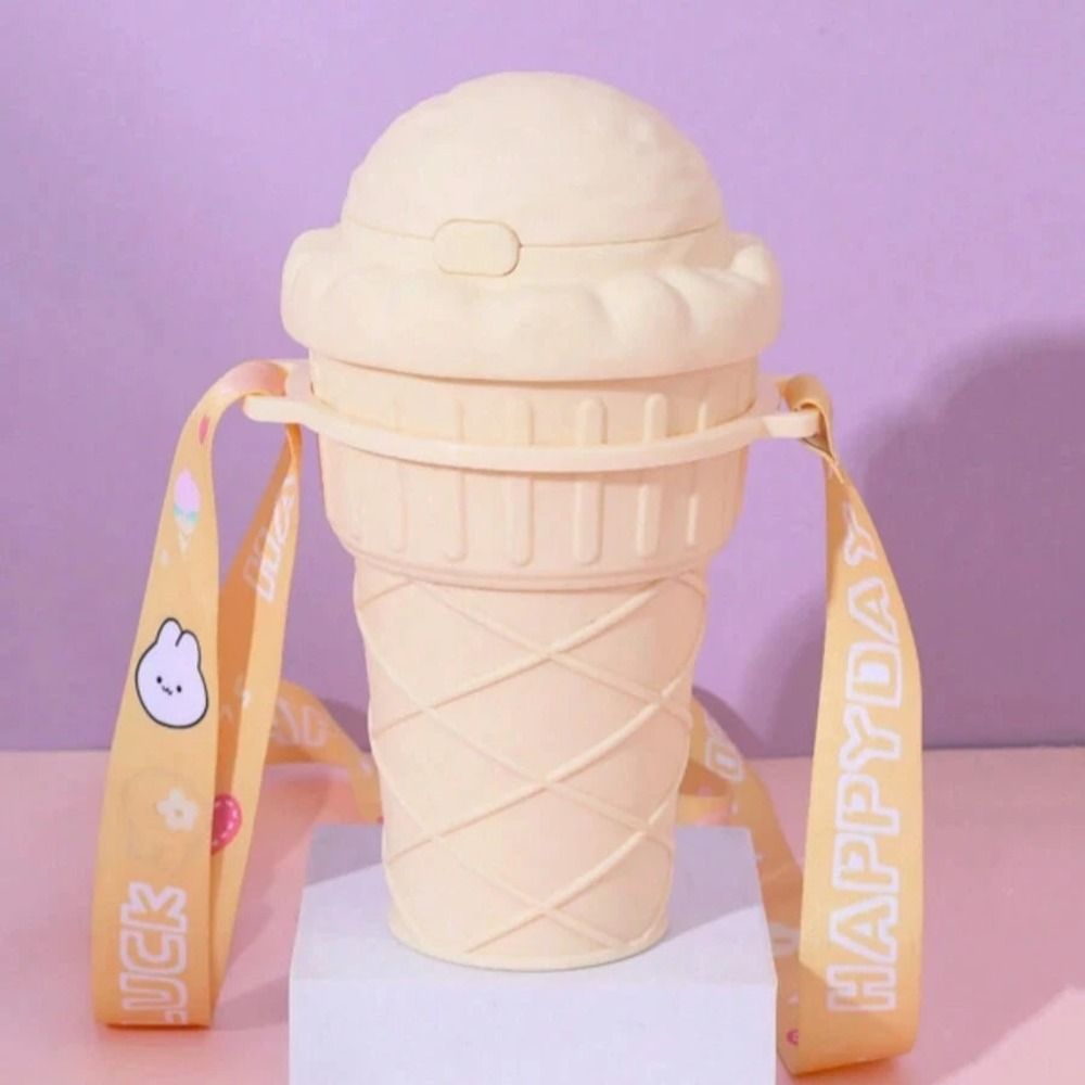 Sundae Ice Cream Bottle For kids With Straw and Strap, 500ml, 14cm (H) x 8cm (W), Coffee