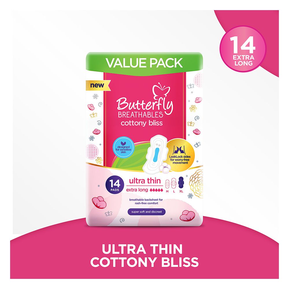 Butterfly Breathable Cottony Bliss Ultra Thin Extra Long Pads Value Pack, 14-Pack