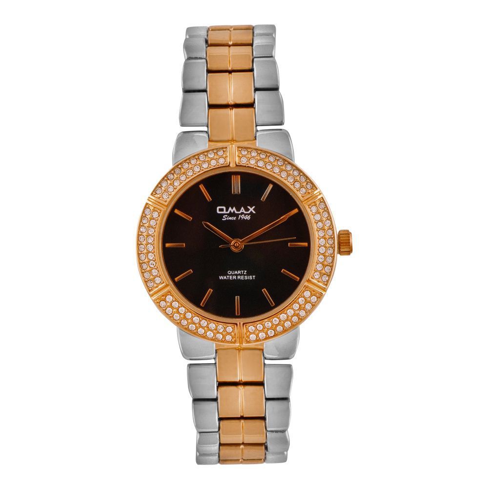 Omax Women's Golden Round Dial With Black Background & Two Tone Bracelet Analog Watch, JED208N032