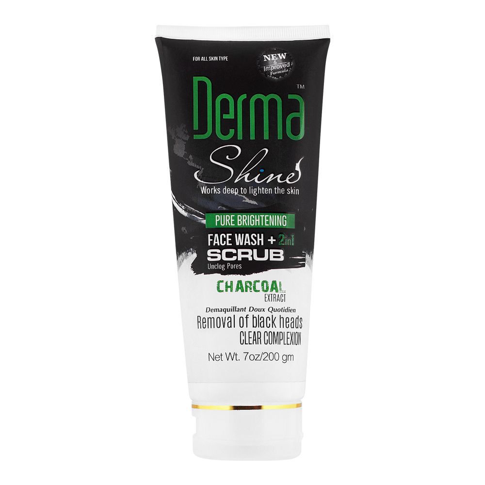 Derma Shine Pure Whitening Charcoal Extract 2-In-1 Face Wash + Scrub, 200g