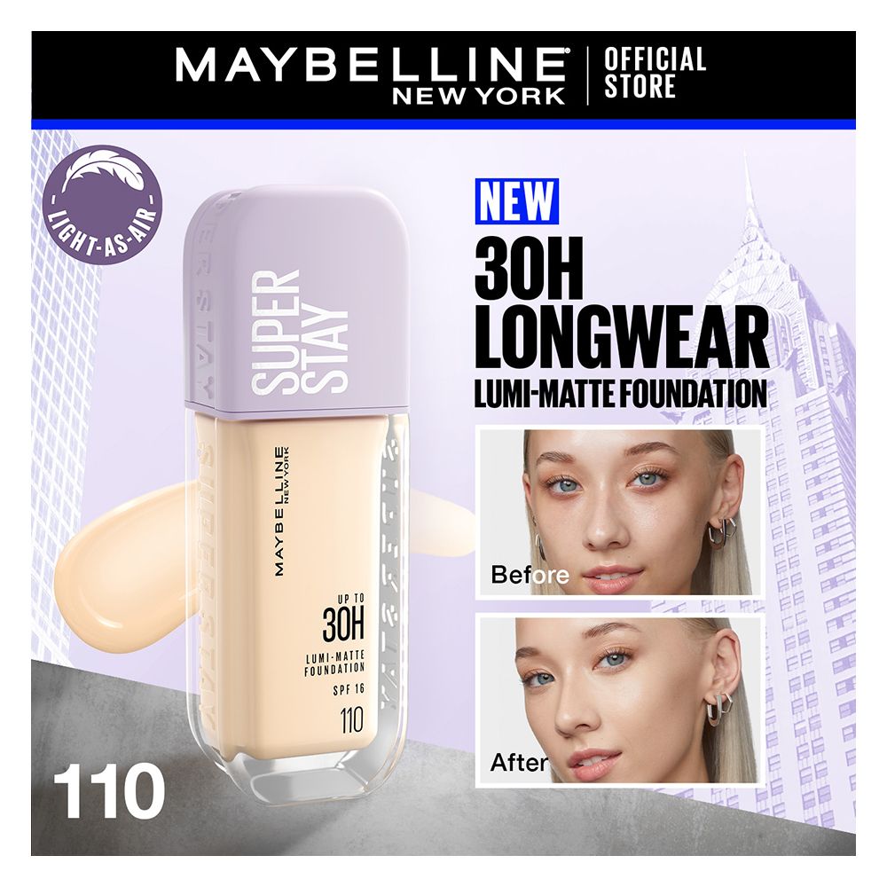 Maybelline Superstay Lumi Matte Liquid Foundation With SPF-16, 30H Weightless Longwear, 30ml, 110