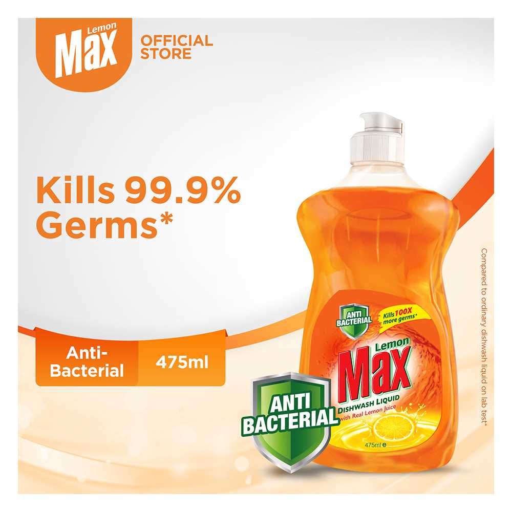 Lemon Max Dishwash Liquid Anti Bacterial, With Real Lemon Juice, 475ml