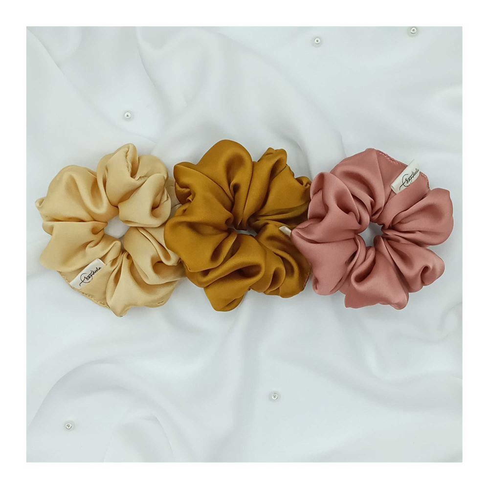 Sandeela Silk/Chiffon Classic Scrunchies, Beige/Mustard/Tea Pink, 3-Pack, M03-02-3012