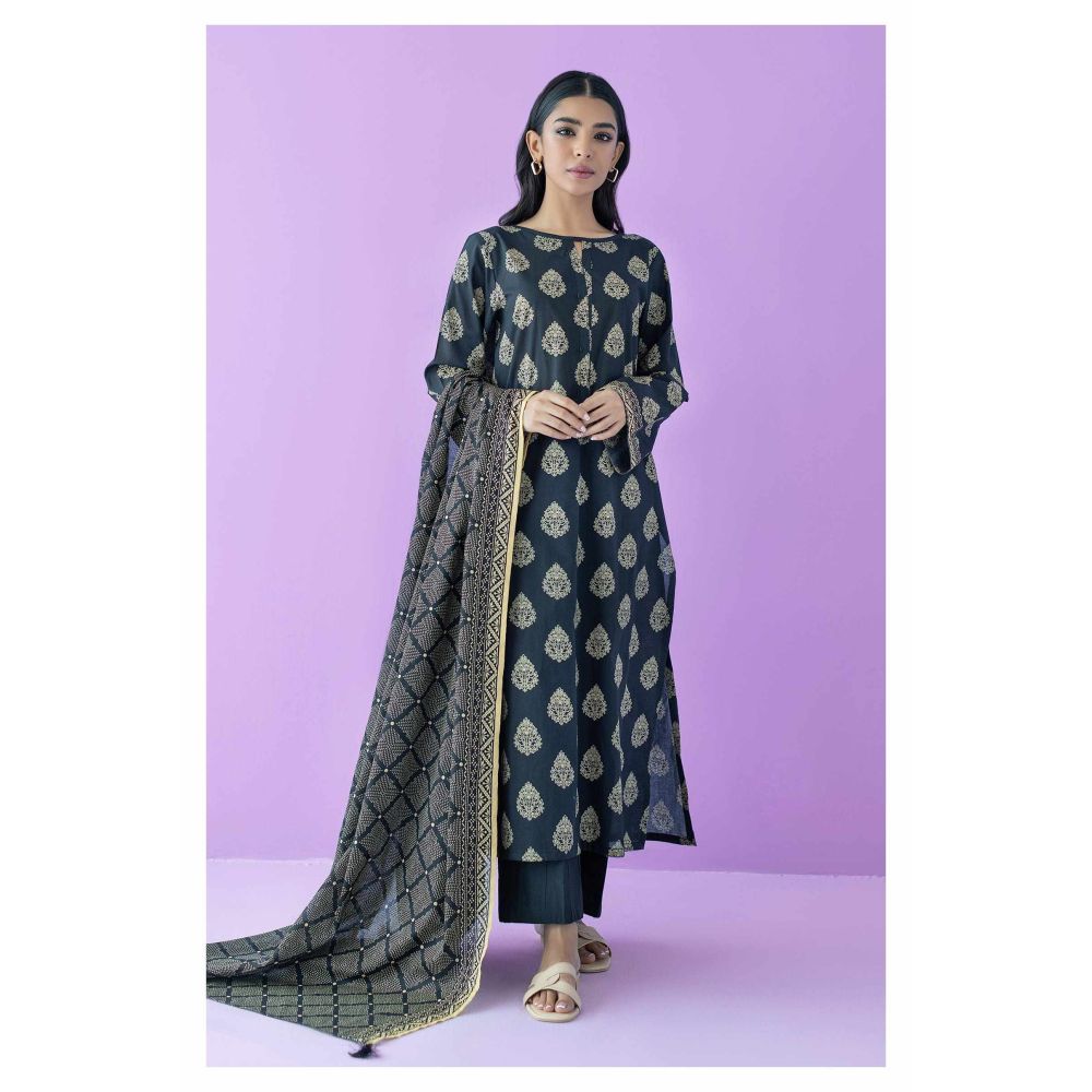 Unstitched 2 Piece Printed Lawn Shirt and Lawn Dupatta, Black, 56219