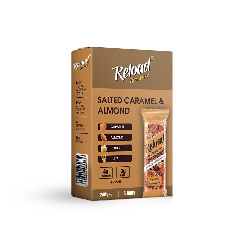 Reload Salted Caramel & Almond Granola Bars, High Fiber & Protein, Gluten Free, 40g Each, 6-Pack