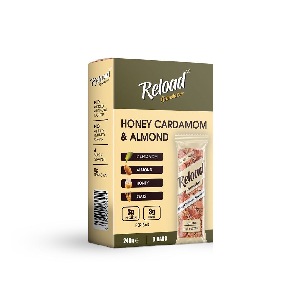 Reload Honey Cardamom & Almond Granola Bars, High Fiber & Protein, Gluten Free, 40g Each, 6-Pack