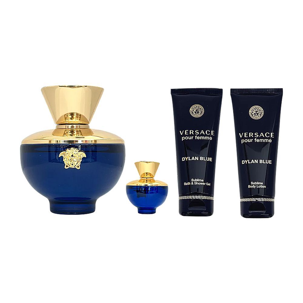 Versace Dylan Blue Pour Femme Perfume Set For Women, EDP 100ml + EDT 5ml + Body Lotion + Shower Gel