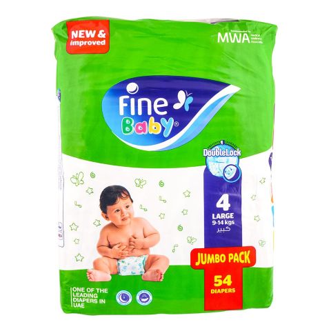 Fine Baby Diapers, Large, No. 4, 9-14kg, Jumbo Pack, 54-Pack