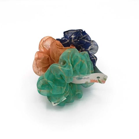 Sandeela Organza Classic Scrunchies, Turquoise/Peach/Navy Blue, 03-04-3008, 3-Pack