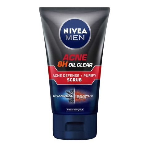 Nivea Men Acne 8 Hours Oil Clear Acne Defense+Purify Charcoal Scrub, Charcoal+Salicylic, No Skin Dry Out, 100ml