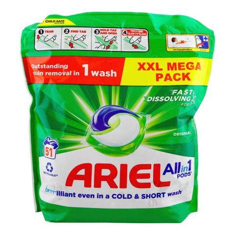 Ariel All in One Original Cold Wash Laundry Detergent Pods Pouch, 51-Pack