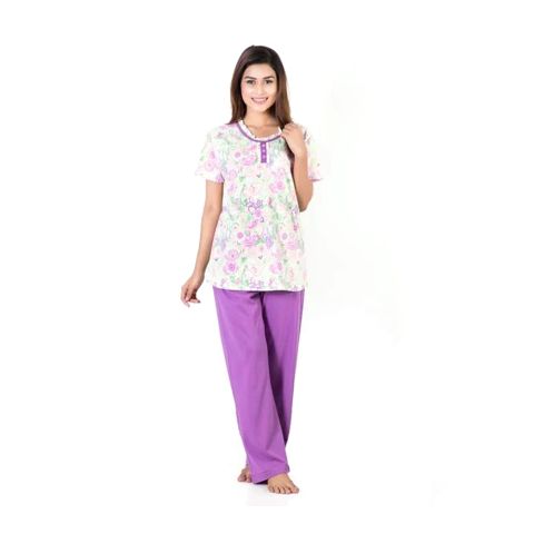 IFG 2-Piece Pajama Set, Knitted Cotton Top & Trouser, Purple, PS-92