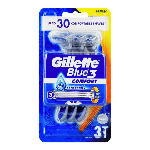 Gillette Blue-3 Comfort Razor, Comfort Gel, Move 40 Degree, For Comfortable Shaves, 3-Pack