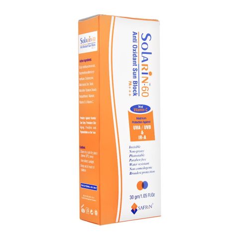 Solarin-60 Anti Oxidant Sun Block, PA+++, UAV/UVB, Paraben Free, 30g