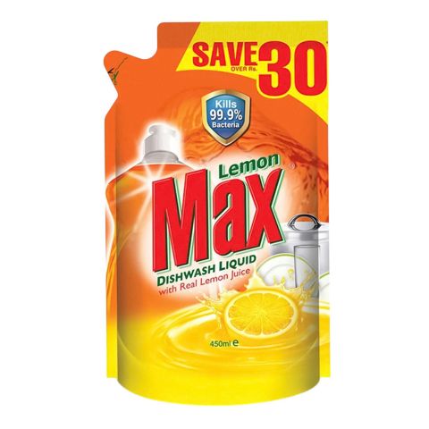 Lemon Max Dishwash Liquid, With Real Lemon Juice, Kills 99.9% Bacteria, Pouch, 450ml
