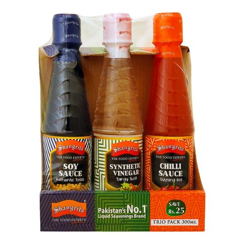 Shangrila Trio Pack, Soy Sauce + Synthetic Vinegar + Chili Sauce, 3x300ml